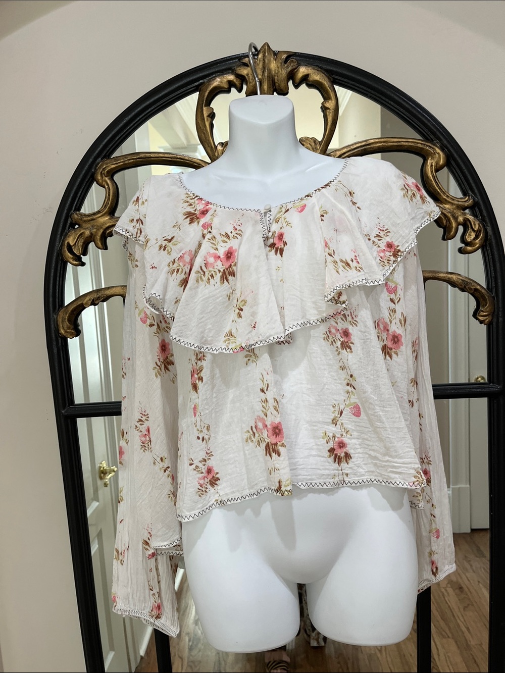 Free People Cream Floral Ruffle Peasant Top with Pink Rose Print